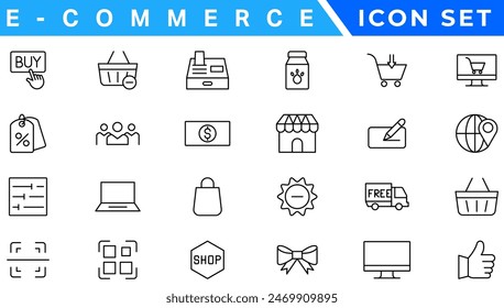 E-Commerce set of web icons in line style. .Online shopping icons for web and mobile app. .Business, mobile shop, digital marketing, bank card, .gifts, sale, delivery. .Vector illustration