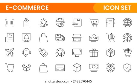 E-Commerce set of web icons in line style. Online shopping icons for web and mobile app. Business, mobile shop, digital marketing, bank card, gifts, sale, delivery. Vector illustration