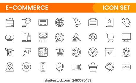E-Commerce set of web icons in line style. Online shopping icons for web and mobile app. Business, mobile shop, digital marketing, bank card, gifts, sale, delivery. Vector illustration