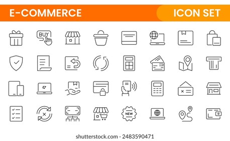 E-Commerce set of web icons in line style. Online shopping icons for web and mobile app. Business, mobile shop, digital marketing, bank card, gifts, sale, delivery. Vector illustration