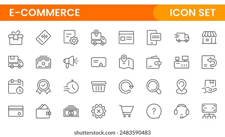 E-Commerce set of web icons in line style. Online shopping icons for web and mobile app. Business, mobile shop, digital marketing, bank card, gifts, sale, delivery. Vector illustration