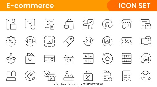 Conjunto de iconos web de comercio electrónico en estilo de línea. Iconos de compras en línea para el Web y el App móvil. Negocio, tienda móvil, marketing digital, tarjeta bancaria, regalos, venta, entrega. Ilustración vectorial
