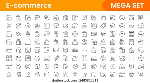 E-Commerce set of web icons in line style. Online shopping icons for web and mobile app. Business, mobile shop, digital marketing, bank card, gifts, sale, delivery. Vector illustration
