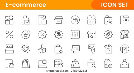 E-Commerce set of web icons in line style. Online shopping icons for web and mobile app. Business, mobile shop, digital marketing, bank card, gifts, sale, delivery. Vector illustration
