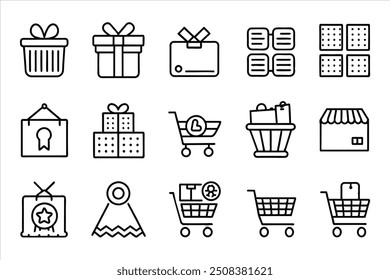 E-Commerce set of web icons in line style. Online shopping icons for web and mobile app. Business, mobile shop, digital marketing, bank card, gifts, sale, delivery.