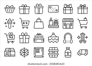 E-Commerce set of web icons in line style. Online shopping icons for web and mobile app. Business, mobile shop, digital marketing, bank card, gifts, sale, delivery.