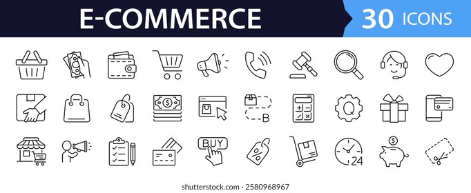 E-Commerce set of web icons in line style. Online shopping icons for web and mobile app. Business, mobile shop, digital marketing, bank card, gifts, sale, delivery. Vector illustration