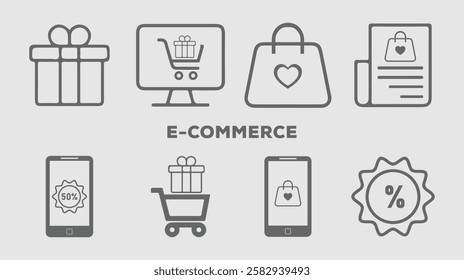 E-Commerce set of web icons in line style. Online shopping icons for web and mobile app. Business, mobile shop,
digital marketing, bank card, gifts, sale, delivery. Vector illustration