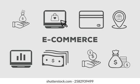 E-Commerce set of web icons in line style. Online shopping icons for web and mobile app. Business, mobile shop,
digital marketing, bank card, gifts, sale, delivery. Vector illustration