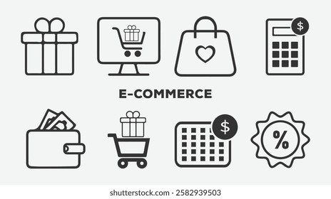 E-Commerce set of web icons in line style. Online shopping icons for web and mobile app. Business, mobile shop,
digital marketing, bank card, gifts, sale, delivery. Vector illustration