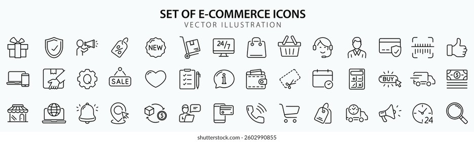 E-Commerce set of web icons in line style. Online shopping icons for web and mobile app. Business, mobile shop, digital marketing, bank card, gifts, sale, delivery. Vector illustration