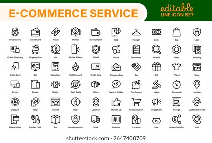 E-Commerce set of web icons in line style. Online shopping icons for web and mobile app. Business, mobile shop, digital marketing, bank card, gifts, sale, delivery. Vector illustration