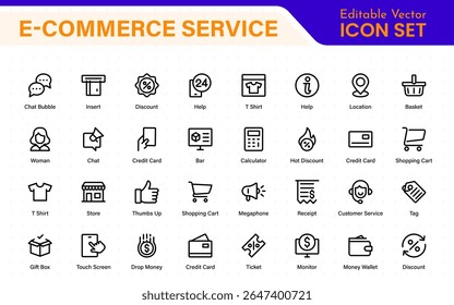 E-Commerce set of web icons in line style. Online shopping icons for web and mobile app. Business, mobile shop, digital marketing, bank card, gifts, sale, delivery. Vector illustration