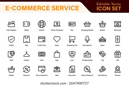 Conjunto de iconos web de comercio electrónico en estilo de línea. Iconos de compras en línea para el Web y el App móvil. Negocio, tienda móvil, marketing digital, tarjeta bancaria, regalos, venta, entrega. Ilustración vectorial
