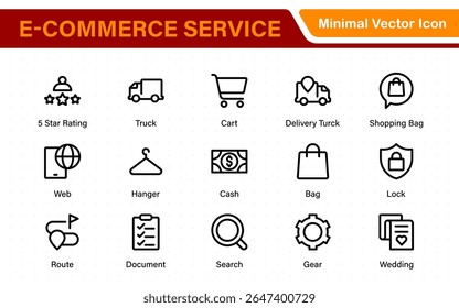 E-Commerce set of web icons in line style. Online shopping icons for web and mobile app. Business, mobile shop, digital marketing, bank card, gifts, sale, delivery. Vector illustration