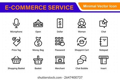 Conjunto de ícones da Web para comércio eletrônico em estilo de linha. Ícones de compras online para aplicativos móveis e da Web. Negócios, loja móvel, marketing digital, cartão bancário, presentes, venda, entrega. Ilustração vetorial