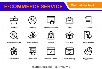 E-Commerce-Satz von Web-Icons im Linienstil. Online-Einkaufssymbole für Web und mobile App. Geschäft, Handy-Shop, digitales Marketing, Bankkarte, Geschenke, Verkauf, Lieferung. Vektorgrafik