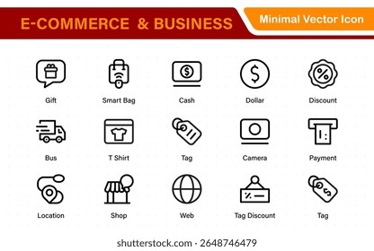 Conjunto de iconos web de comercio electrónico en estilo de línea. Iconos de compras en línea para el Web y el App móvil. Negocio, tienda móvil, marketing digital, tarjeta bancaria, regalos, venta, entrega. Ilustración vectorial