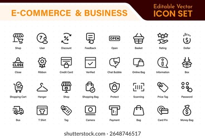 E-Commerce set of web icons in line style. Online shopping icons for web and mobile app. Business, mobile shop, digital marketing, bank card, gifts, sale, delivery. Vector illustration