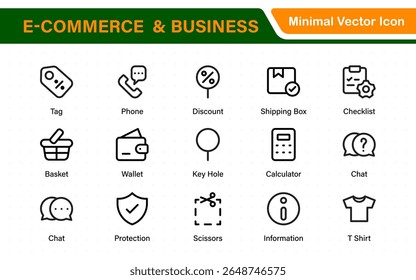 E-Commerce-Satz von Web-Icons im Linienstil. Online-Einkaufssymbole für Web und mobile App. Geschäft, Handy-Shop, digitales Marketing, Bankkarte, Geschenke, Verkauf, Lieferung. Vektorgrafik