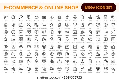 E-Commerce-Satz von Web-Icons im Linienstil. Online-Einkaufssymbole für Web und mobile App. Geschäft, Handy-Shop, digitales Marketing, Bankkarte, Geschenke, Verkauf, Lieferung. Vektorgrafik