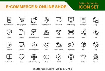E-Commerce-Satz von Web-Icons im Linienstil. Online-Einkaufssymbole für Web und mobile App. Geschäft, Handy-Shop, digitales Marketing, Bankkarte, Geschenke, Verkauf, Lieferung. Vektorgrafik