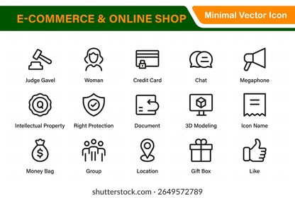 Conjunto de ícones da Web para comércio eletrônico em estilo de linha. Ícones de compras online para aplicativos móveis e da Web. Negócios, loja móvel, marketing digital, cartão bancário, presentes, venda, entrega. Ilustração vetorial