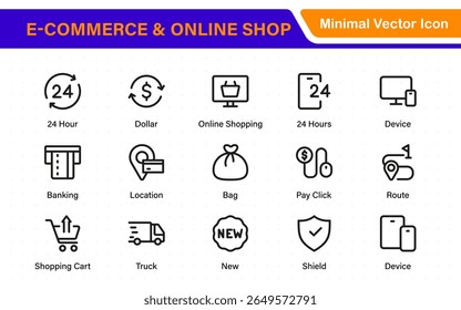 E-Commerce set of web icons in line style. Online shopping icons for web and mobile app. Business, mobile shop, digital marketing, bank card, gifts, sale, delivery. Vector illustration