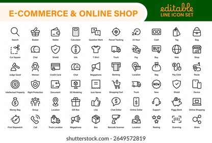 E-Commerce set of web icons in line style. Online shopping icons for web and mobile app. Business, mobile shop, digital marketing, bank card, gifts, sale, delivery. Vector illustration