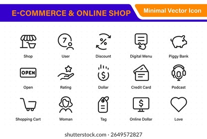E-Commerce set of web icons in line style. Online shopping icons for web and mobile app. Business, mobile shop, digital marketing, bank card, gifts, sale, delivery. Vector illustration