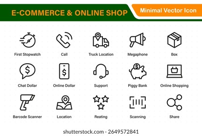 E-Commerce set of web icons in line style. Online shopping icons for web and mobile app. Business, mobile shop, digital marketing, bank card, gifts, sale, delivery. Vector illustration