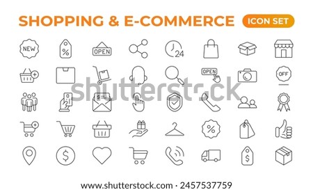 E-Commerce set of web icons in line style. Online shopping icons for web and mobile app. Business, mobile shop, digital marketing, bank card, gifts, sale, delivery. Vector illustration