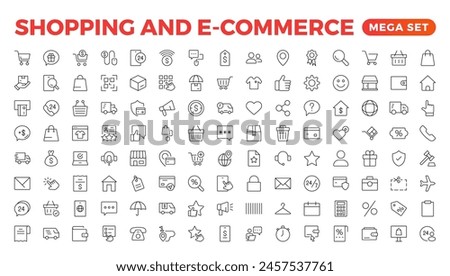 E-Commerce set of web icons in line style. Online shopping icons for web and mobile app. Business, mobile shop, digital marketing, bank card, gifts, sale, delivery. Vector illustration