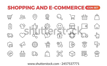 E-Commerce set of web icons in line style. Online shopping icons for web and mobile app. Business, mobile shop, digital marketing, bank card, gifts, sale, delivery. Vector illustration
