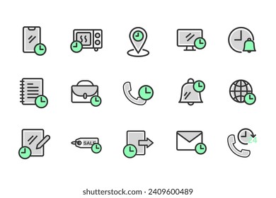 E-Commerce set of web icons thin outline green  icons pack. Online shopping icons for web and mobile app. Business, mobile shop, digital marketing, bank card, gifts, sale, delivery. Vector illustratio