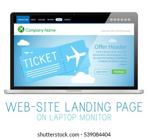 E-commerce Shop Airplane Tickets Sale Website Design Template Layout on Laptop Computer Vector Illustration