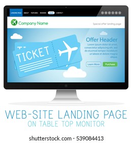 E-commerce Shop Airplane Tickets Sale Website Design Template Layout on Table Top Monitor Vector Illustration