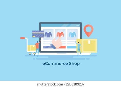 eCommerce shop, Browsing product on ecommerce website, add to shopping cart concept - flat design vector illustration background