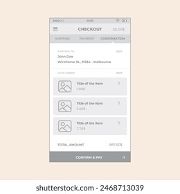 Ecommerce Shop Checkout Confirmation Screen. Vector mobile wireframe editable design for mobile, with sample data and real user interface graphic details ready for ux and ui projects.