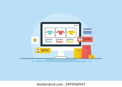 eCommerce Shop, Products added to eCommerce website, People browsing eCommerce Website, Online eCommerce store - vector line illustration with icons