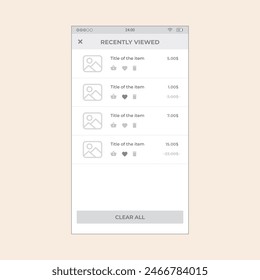 Ecommerce Shop, recently viewed items category Screen. Vector mobile wireframe editable design for mobile, with sample data and real user interface graphic details ready for ux and ui projects.