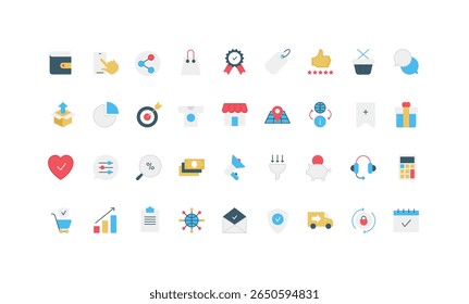 Ecommerce and shop sales, discount and coupon search, commercial offer color icon set. Store support and delivery quality award, marketplace settings, secure order payment flat vector illustration