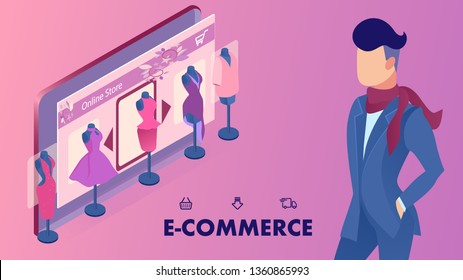 E-Commerce Shop Website Banner Isometric Template. Online Female Clothes Store Typography. Realistic Mannequins with Dresses, Gowns, Mobile App Promo. Cartoon Male Shopper Flat Character