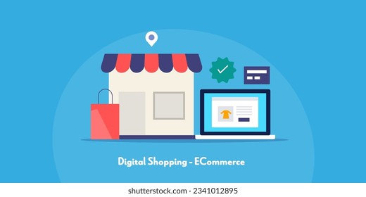 eCommerce shop. Website shopping cart. Online purchase with credit card. Vector illustration background with icons