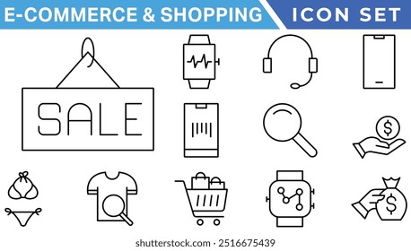 Ícones de comércio eletrônico e linha de compras. Traço editável. Pixel perfeito.