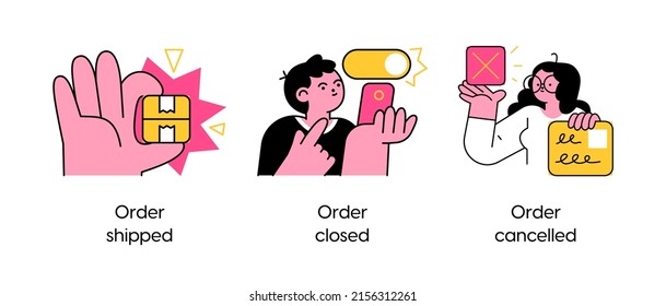 E-commerce shopping abstract concept vector illustration set. Order shipped, order closed, order cancelled. Visual stories collection.