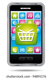 E-commerce shopping cart app on a smartphone. Vector icon.