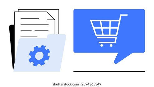 E-commerce shopping cart in blue speech bubble next to documents and file folder with gear icon. Ideal for online shopping, e-commerce platforms, digital stores, document management, cloud storage