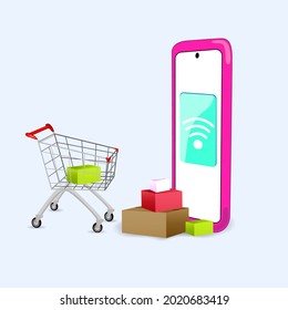 E-Commerce-Warenkorb-Konzepte, mobile Geräte, wie Tablets und Smartphones, für Online-Shopping und Bestellen von Waren. Vektorgrafik