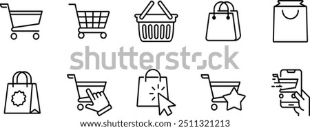 E-Commerce and Shopping Cart Icon Set | 10 Minimalist Line Icons for Online Retail, Shopping Baskets, Carts, Bags, and Mobile Purchases | Perfect for Web Design, Apps, and Digital Marketplaces